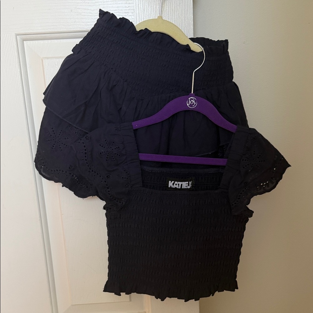 Black Smocked Top and Skirt Set navy